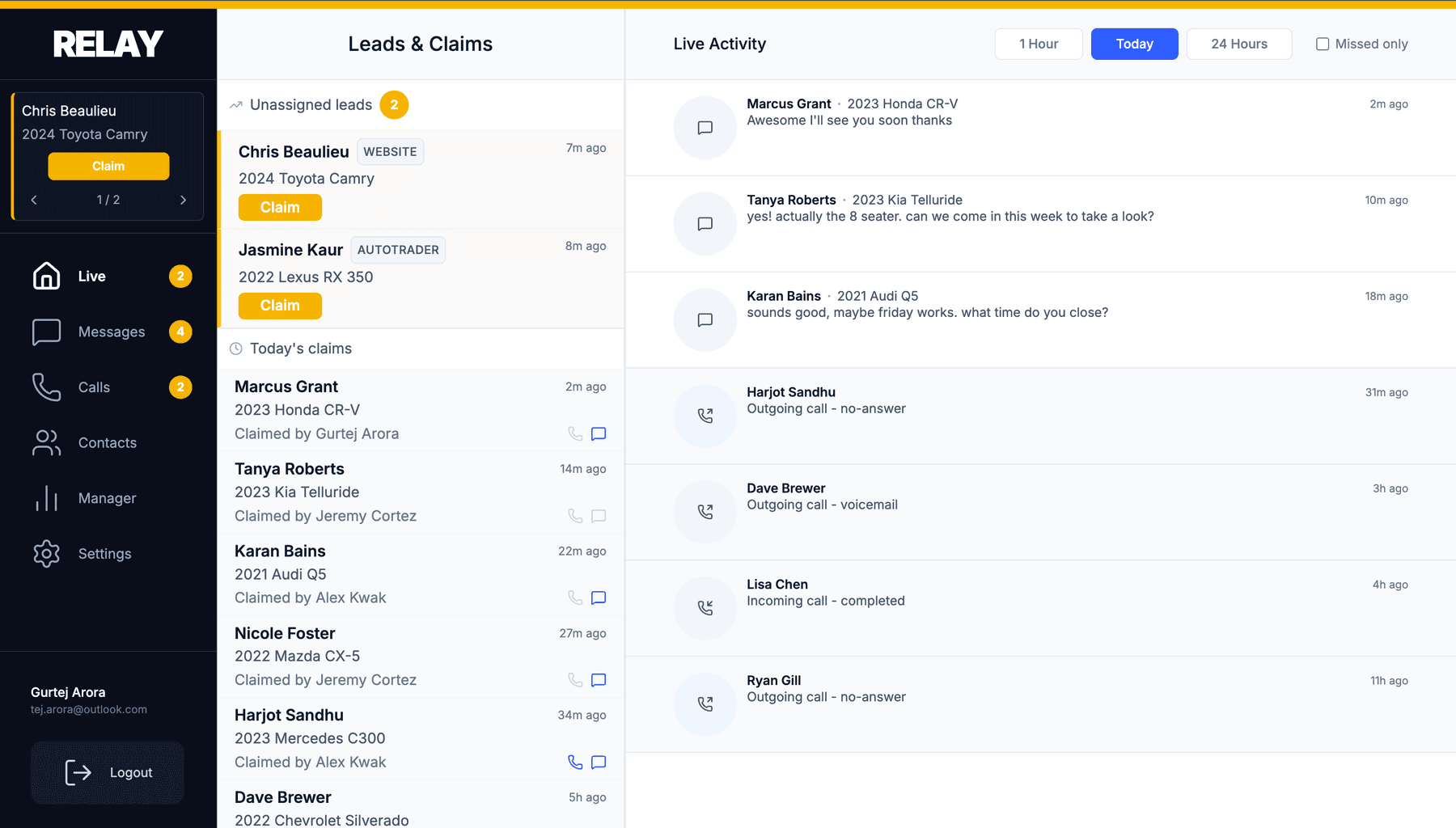 Relay web dashboard showing the live lead feed for a dealership