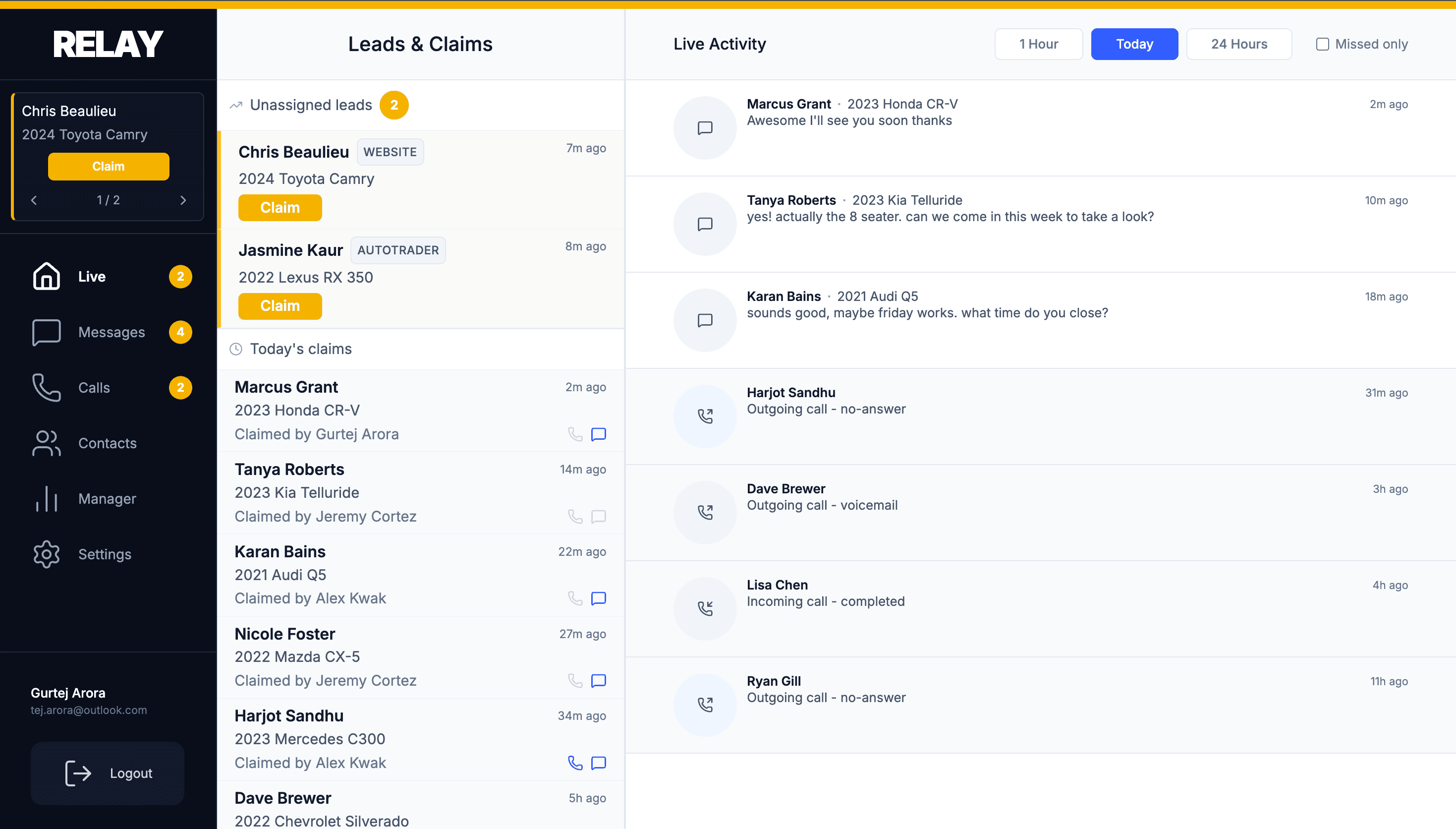 Relay web dashboard showing the live lead feed for a dealership