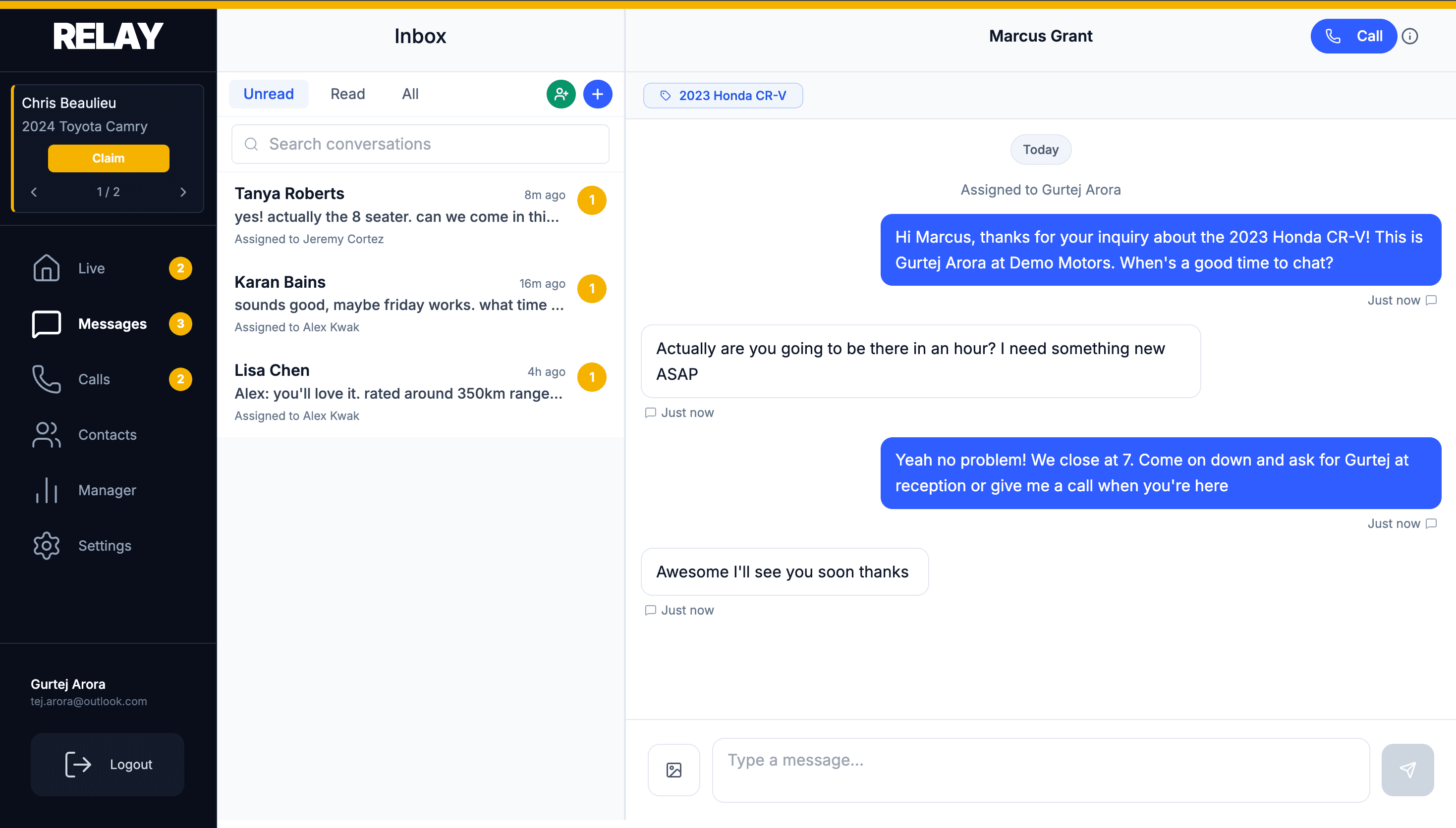 Relay messages view with full text and call conversation history for a lead